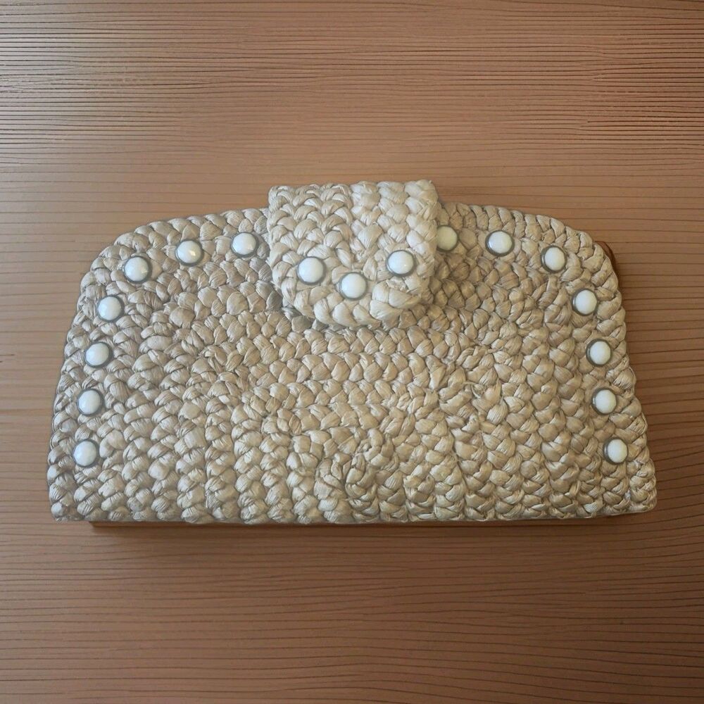 Charlotte Woven Straw Rattan Clutch Purse w/ White Beaded Accents Boho Handbag